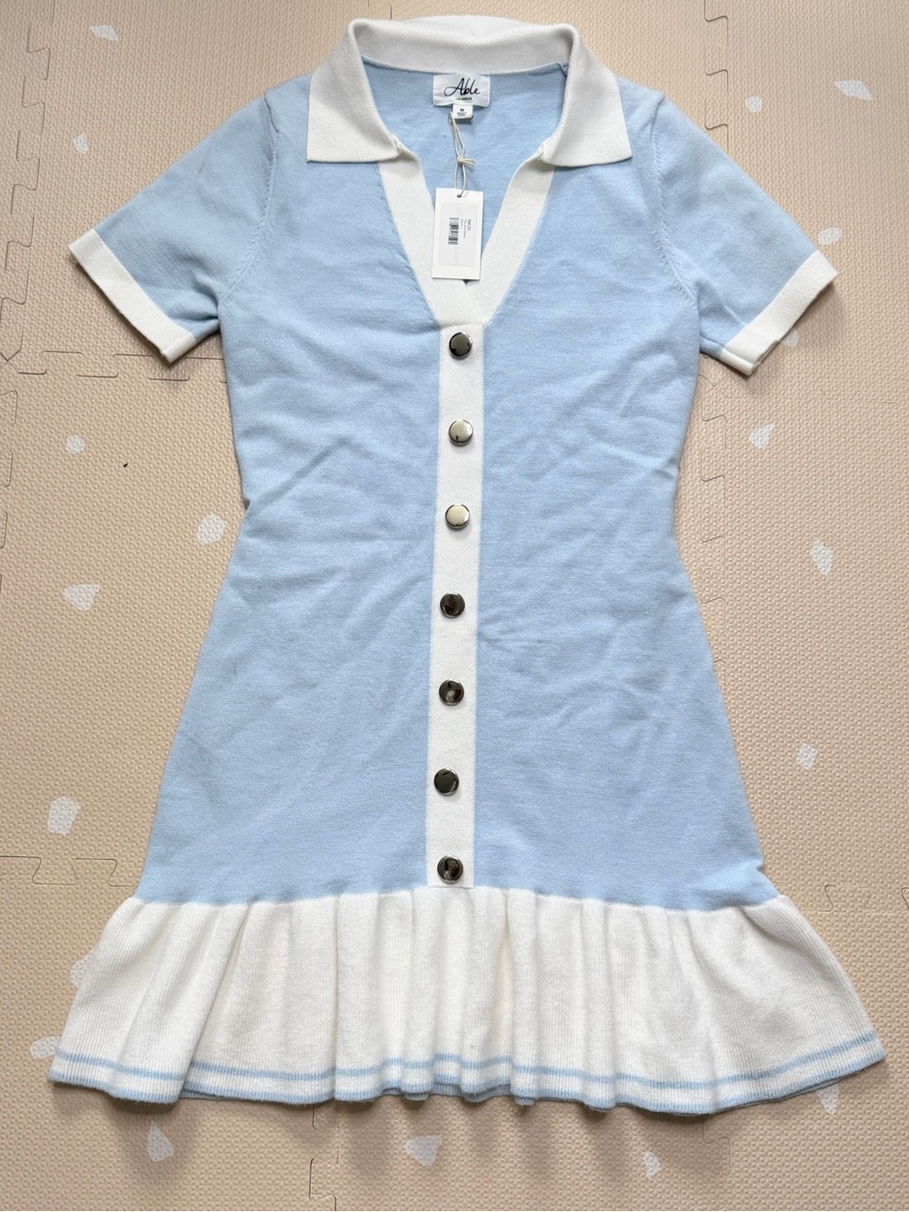 Able Light Blue and White Knit Polo Dress with Ruffle Hem Mini Sweater Dress